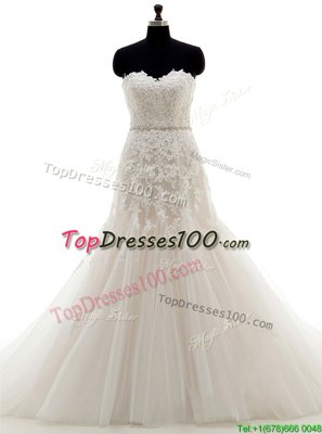 Sumptuous Champagne Mermaid Appliques Wedding Gown Lace Up Tulle Sleeveless With Train