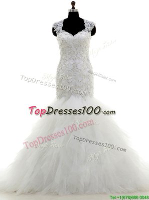 Beauteous Mermaid White V-neck Clasp Handle Beading and Lace and Ruffles Wedding Dresses Brush Train Cap Sleeves