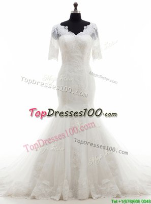 Fine Mermaid Tulle V-neck Half Sleeves Court Train Clasp Handle Lace and Appliques Bridal Gown in White