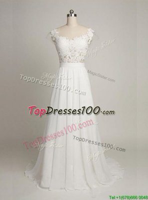 Flare Scoop Sleeveless Wedding Gown With Train Lace White Tulle