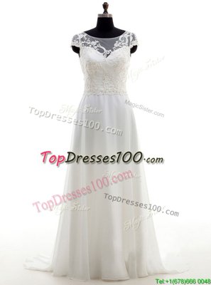 Dramatic Scoop Sleeveless With Train Lace and Bowknot Backless Wedding Dresses with White Brush Train