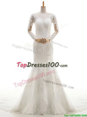 Mermaid White Long Sleeves With Train Lace and Appliques Clasp Handle Wedding Gowns