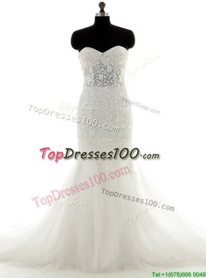 Fantastic White Mermaid Sweetheart Sleeveless Tulle With Brush Train Lace Up Lace Wedding Gown