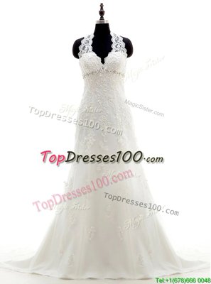 Best Selling Halter Top White Column/Sheath Lace and Appliques Wedding Gown Lace Up Lace Sleeveless