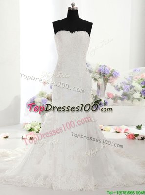 Perfect Mermaid White Lace Lace Up Sweetheart Sleeveless With Train Bridal Gown Court Train Lace