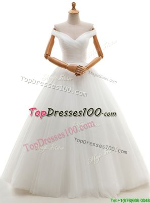 Clearance Off the Shoulder Floor Length Lace Up Wedding Dress White and In for Wedding Party with Ruching