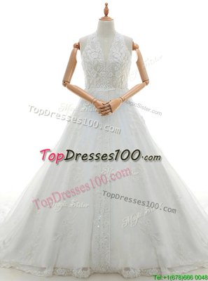 With Train Lace Up Wedding Gown White and In for Wedding Party with Lace and Appliques Watteau Train