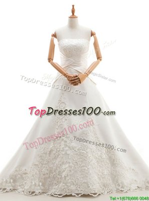 Best White Lace Up Strapless Lace Wedding Gown Satin and Lace Sleeveless Chapel Train