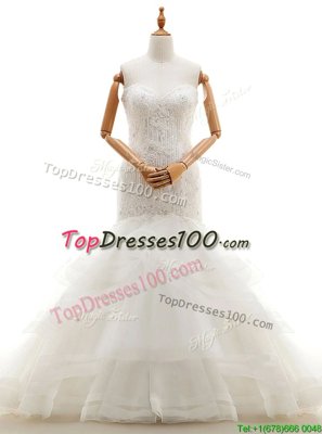 Eye-catching White Mermaid Organza Sweetheart Sleeveless Beading and Lace and Ruffled Layers With Train Clasp Handle Wedding Gowns Brush Train