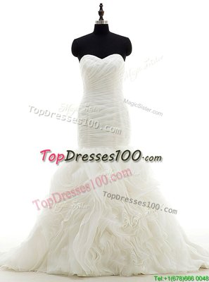 Best Mermaid Sweetheart Sleeveless Brush Train Lace Up Wedding Dress White Organza