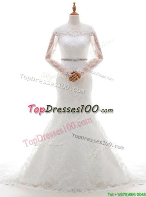 Custom Designed Mermaid Lace With Train White Wedding Gown Scoop Long Sleeves Brush Train Clasp Handle