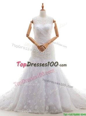 Exquisite Scoop White Sleeveless With Train Lace and Ruching Zipper Wedding Dress