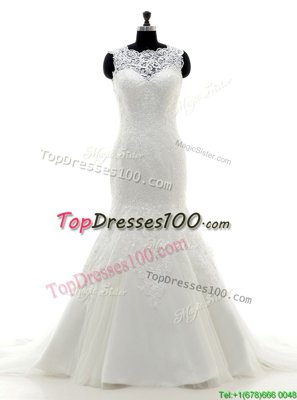 Super Mermaid Scalloped White Sleeveless Tulle and Lace Brush Train Clasp Handle Wedding Gowns for Wedding Party