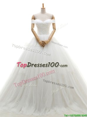 Affordable Chapel Train A-line Wedding Gown White Off The Shoulder Tulle Sleeveless With Train Lace Up