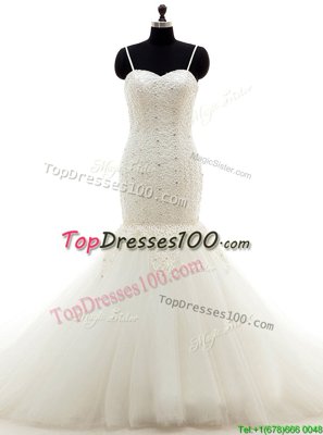 Beauteous Mermaid Sleeveless Brush Train Beading and Lace Lace Up Bridal Gown