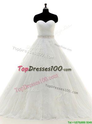 Popular Sleeveless Brush Train Beading and Lace and Appliques Clasp Handle Wedding Gowns