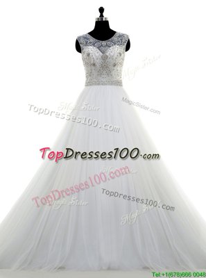 Spaghetti Straps Sleeveless Tulle Wedding Gowns Lace and Appliques Brush Train Lace Up