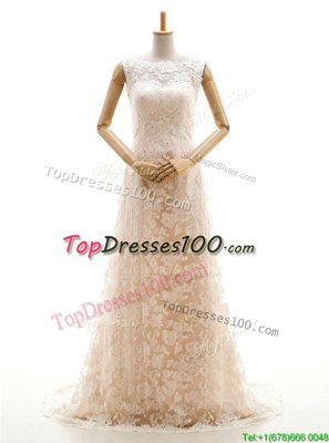 Champagne Lace Clasp Handle Bateau Sleeveless With Train Wedding Gown Sweep Train Lace