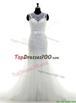 Mermaid Tulle Scoop Sleeveless Brush Train Zipper Beading Wedding Dresses in White