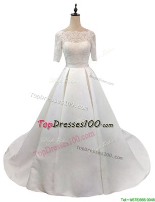 Wonderful White Wedding Gown Wedding Party and For with Lace Scalloped Half Sleeves Chapel Train Zipper