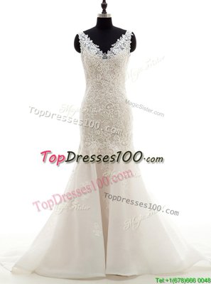 Mermaid White Wedding Gowns Wedding Party and For with Lace V-neck Sleeveless Brush Train Zipper