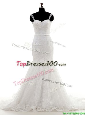 Designer Lace With Train Mermaid Sleeveless White Wedding Dresses Brush Train Backless