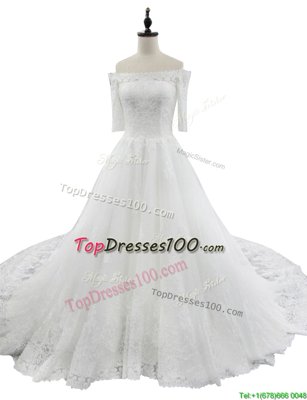 White Wedding Dress Wedding Party and For with Lace Off The Shoulder Half Sleeves Chapel Train Zipper