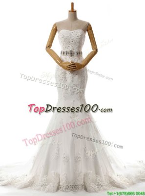 Pretty Mermaid White Lace Lace Up Wedding Gowns Sleeveless With Brush Train Beading and Lace and Appliques