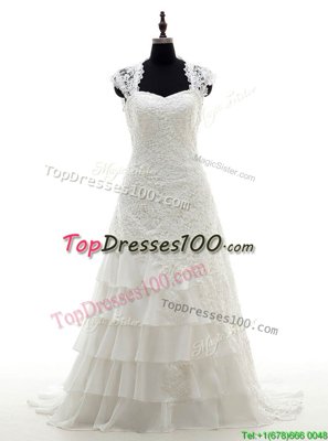 Lace and Ruffled Layers Bridal Gown White Lace Up Cap Sleeves With Brush Train