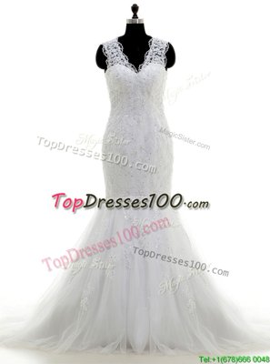 Mermaid Beading and Lace and Appliques Wedding Gowns White Clasp Handle Sleeveless With Brush Train