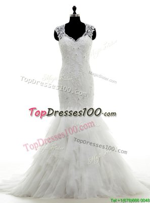 Fantastic Mermaid White Clasp Handle Wedding Gown Beading and Lace and Ruffles Sleeveless With Brush Train