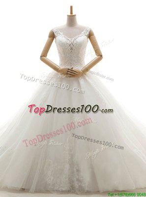 White Lace Up Wedding Gowns Lace Sleeveless With Train Chapel Train