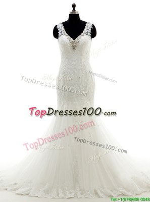 Champagne Empire V-neck Sleeveless Lace With Train Chapel Train Zipper Lace Wedding Gown