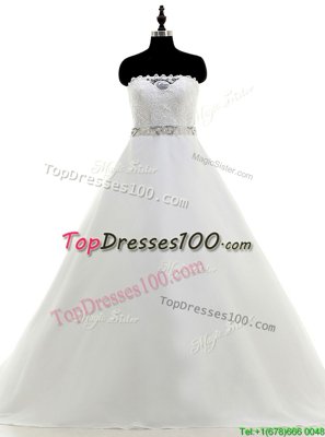 Customized White A-line Strapless Sleeveless Organza With Train Sweep Train Backless Beading and Lace Wedding Gown
