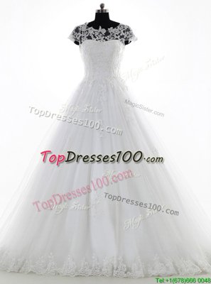 Mermaid White Side Zipper Wedding Dress Lace and Appliques Cap Sleeves With Brush Train