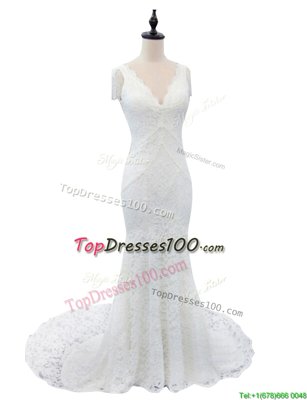 Mermaid White Cap Sleeves With Train Lace Zipper Bridal Gown