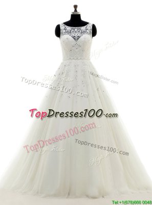 With Train White Bridal Gown Scoop Sleeveless Brush Train Backless