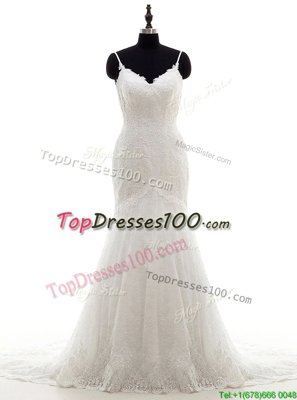 Amazing Mermaid White Wedding Gown Wedding Party and For with Lace V-neck Sleeveless Brush Train Backless