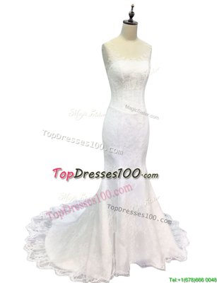 Unique Mermaid Scoop White Sleeveless Sweep Train Lace and Appliques With Train Wedding Dress