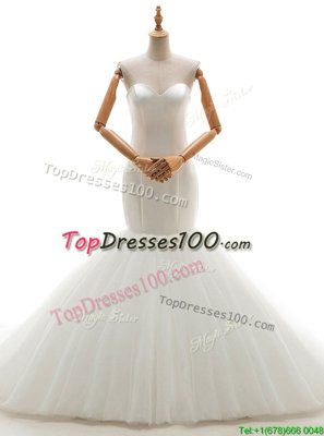 White Mermaid Tulle Sweetheart Sleeveless Ruching With Train Lace Up Wedding Dresses Brush Train