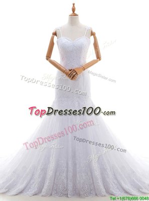 White Mermaid Spaghetti Straps Sleeveless Lace With Brush Train Backless Lace Wedding Dress