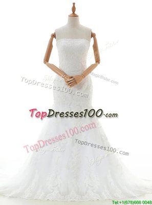 Deluxe Mermaid White Sleeveless Lace Brush Train Clasp Handle Bridal Gown for Wedding Party