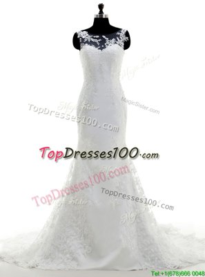 Top Selling Mermaid Scoop With Train White Wedding Gowns Lace Brush Train Sleeveless Lace and Appliques