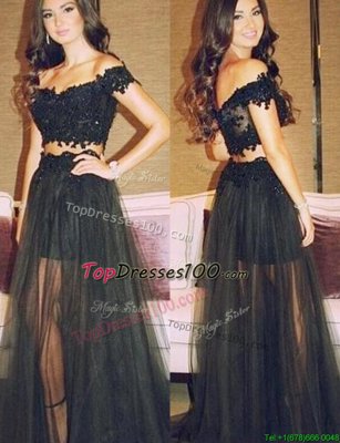 New Arrival Off the Shoulder Sleeveless Lace Floor Length Zipper Homecoming Dress in Black for with Lace