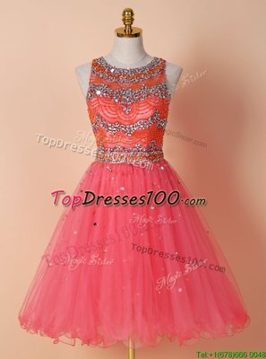 Low Price Watermelon Red A-line Scoop Sleeveless Tulle Knee Length Zipper Beading Cocktail Dresses