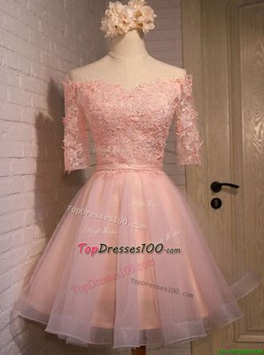 High Class Peach A-line Off The Shoulder Short Sleeves Organza Mini Length Lace Up Appliques Party Dress for Girls