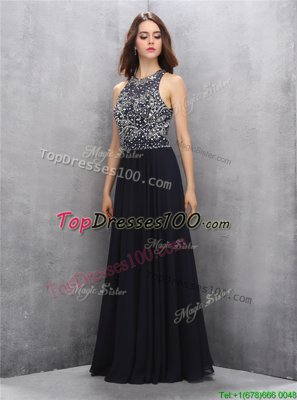 Artistic Black Chiffon Backless Halter Top Sleeveless Floor Length Dress for Prom Beading