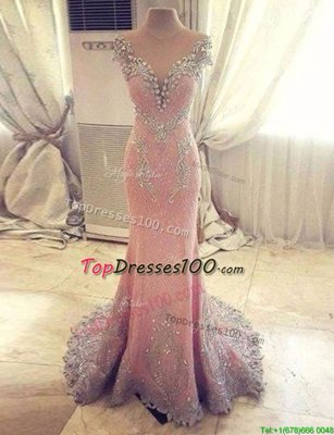 Best Watteau Train Mermaid Prom Evening Gown Rose Pink Sweetheart Satin Cap Sleeves With Train Clasp Handle