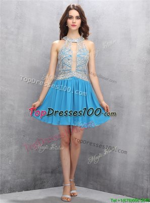 Halter Top Sleeveless Zipper Party Dress Wholesale Baby Blue Chiffon