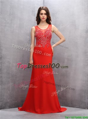Mermaid Scoop Sleeveless Chiffon Dress for Prom Beading and Sequins Brush Train Zipper